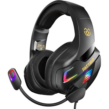 Gaming Headset til PC PS5 PS4 Xbox One, med 50mm drivere, 3D surround sound, støjreducerende mikrofon, bløde memory ørepuder & 4 tilstande RGB-lys