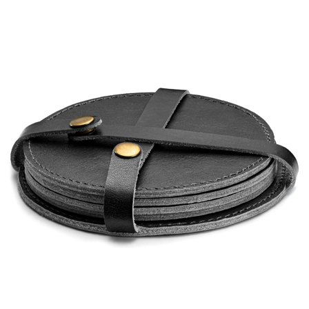 Leather Coasters and Holder x4 | Black & Round for Men - Gifts for him