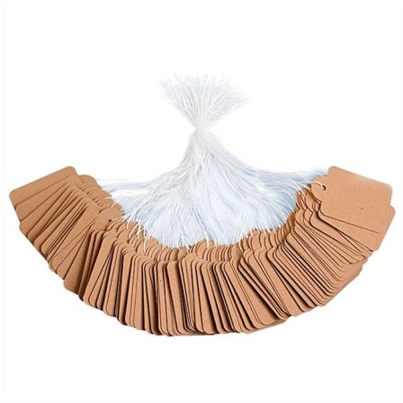 300 stk. kraftpapiretiketter (brun, 15x25mm), beskrivbare præsentationsetiketter, jomfruelige prissedler med strop, velegnet til emballering af tøj a