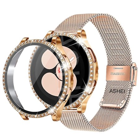 Kompatibel med Samsung Galaxy Klocka 4 5 6 Armband Fodral 40mm 44mm Mesh Loop Rostfritt Stål Armband Bling Fodral guld set galaxy watch 5 44mm