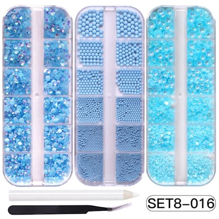 (Blå) Stålkula Platt Bas Hartsblandad Diamant, Nail Art Kristallset - Nail Art, Nail Art Kristaller, Blandad Storlek, Diamant Nageldekorationer Blanka