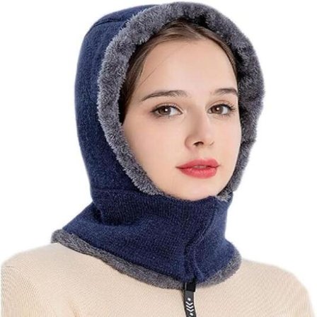 Elegant strikket elefanthue til damer, halstørklæde og hue med lynlås, ørevarmere, tyk, vindtæt, fleeceforet hætte C