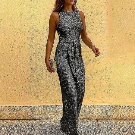 Europæisk og Amerikansk Rundhals Ærmeløs Personlighed Sequin Sølvprik Jumpsuit Kvinders Tøj L Sort Black L