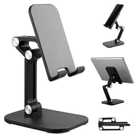 Telefonstativ, Justerbar Høyde og Vinkel Sammenleggbar Mobiltelefonstativholder for Skrivebord, Svart