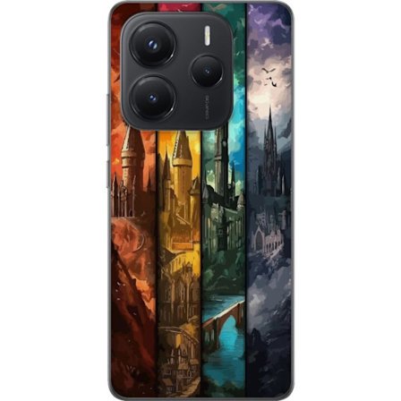 Kompatibel Mobilcover til Xiaomi Xiaomi Redmi Note 14 5G Fire magiske slotte i forskellige elementfarver, episk fantasykunst med ild vand luft og mør