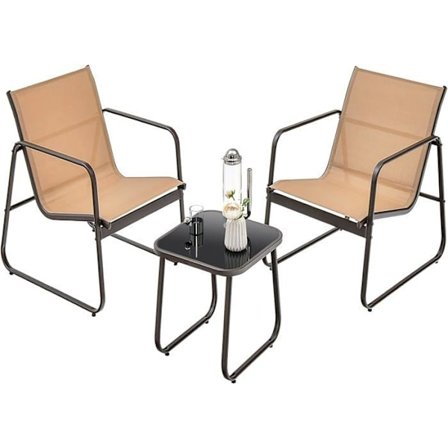 COSTWAY Ensemble 3 PCS Trädgårdsbord och Stolar - UV-beständig Textilene, Bord i Härdat Glas, Metallram, Brun