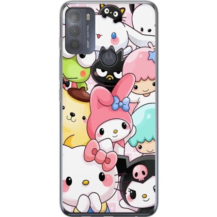 Kompatibelt Mobildeksel til Motorola Moto G50 Tett mønster av søte figurer med store øyne i ulike farger og uttrykk med LABUBU-tekst