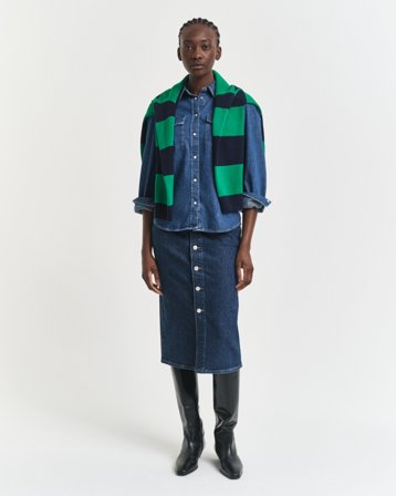 GANT Damen Mittellanger Jeansrock mit Knopfleiste (38) Dunkelblau