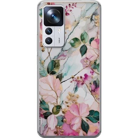 Kompatibel Mobilcover til Xiaomi 12T Pro Abstrakt marmormønster med blomster, blade og gyldne detaljer i bløde pastelfarver
