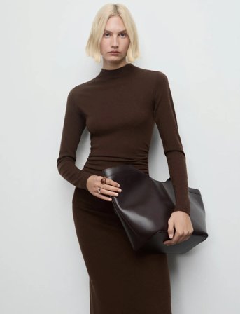 Mango Perkins-Neck Knitted Dress - Brown - L