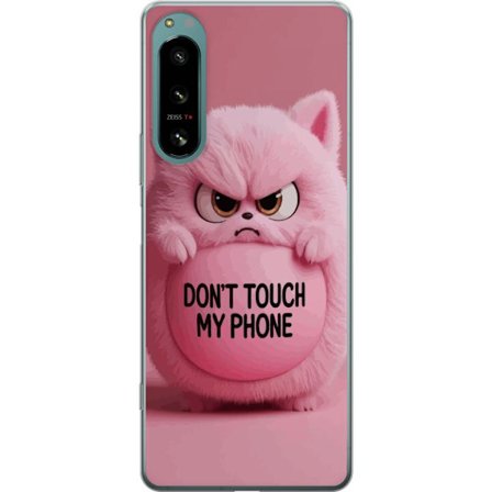 Kompatibelt Mobilskal till Sony Sony Xperia 5 IV Arg rosa fluffig katt med texten "Don't Touch My Phone", ett humoristiskt skyddsmotiv som passar alla