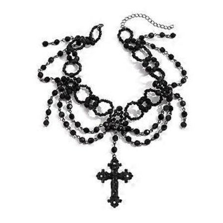 Vintage Pärlstavs Lager Choker med Tofsar Gotiskt Halsband med Vintage Korsberlocker för Distinkt Stil (Stil 1)