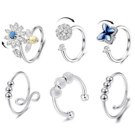 6 stk. Anti-angst Fidget Ring til kvinder, åben justerbar ring, bi daisy ringe sæt til kvinder piger stress relief