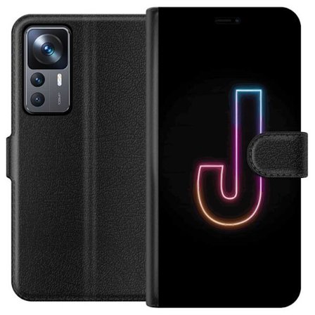 Kompatibel Tegnebogsetui til Xiaomi Xiaomi 12T Minimalistisk neonbogstav J i farveskiftende lys mod sort baggrund