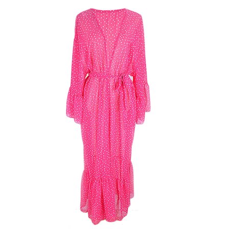 Dam Baddräkt Cover Up Flare Ärm Chiffong Bälte Rosröd Prickig Kimono Kofta