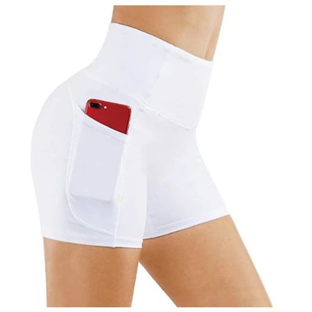 Yoga shorts, dame shorts, sidelommer med telefonlomme, høj talje, yoga fitness, træningsbukser, underdele, hvid (S)