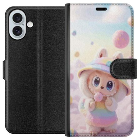 Kompatibelt Lommeboketui til Apple iPhone 16 Plus Regnbuedrømmenes Pastell Design myk drømmeaktig stil med søt figur i regnbueklær og lyse skyer i ba