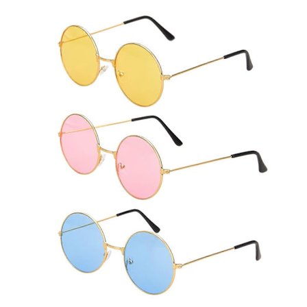 3-pack Hippie Solglasögon - Runda solglasögon med metallbågar Retro Cirkelglasögon för Maskerad Hippie Kostymtillbehör (Rosa, Blå, Gul)