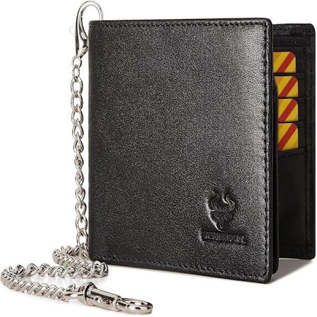 Herrar Lommebok med Kjede Ekte Lær Lommebok RFID-Blokkering Todelt Lommebok med ID-Vindu Kortlommer, Svart