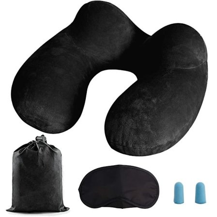 Oppustelig Rejsepude med Dobbelte Ventiler, Vaskbart Betræk, inkl. Ørepropper, Øjenmaske & Opbevaringspose_TF_TF