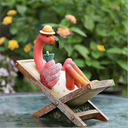 Flamingo Trädgårdsstaty, Liggande På Flamingo Solstol, Trädgårdsprydnad, Tropisk Strandskulptur Figurin, Utomhus Gräsmatta Uteplats Dekor