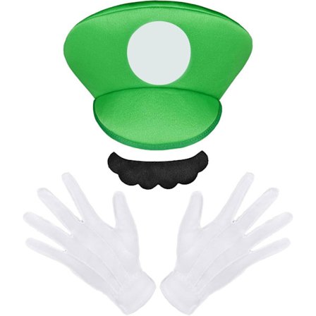 Mario Kostyme Tilbehør Kit for Kvinner Menn Barn, Luigi Hatter Caps Bart Hvite Hansker, Fancy Utkledning for Fest Karneval Kostyme