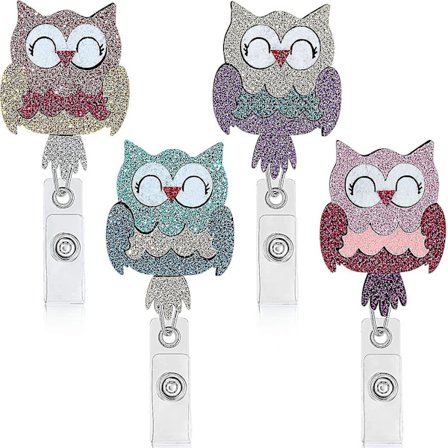 4 st färgade uggla-märkeshållare, indragbar ID-märkeshållare med klämma, glittertyg, märkesrulle, vård