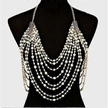 Sexig pärlkedja för kvinnor, kroppskedja med lager av tofsar, halsband bikini strandaccessoarer underkläder, bh-kedja smycken