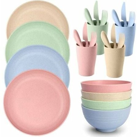 Kartokner Camping Bestiksæt, 24 stk., Picnic Bestiksæt, Inkluderer Tallerkener, Skåle, Kopper, Gafler osv. til Camping, Vandreture, F