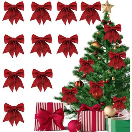 10-pak Røde Jule-rosetter med Pailletter – Juletræspynt & Gavepynt – 15×12 cm – Glitterrosetter med Ophæng