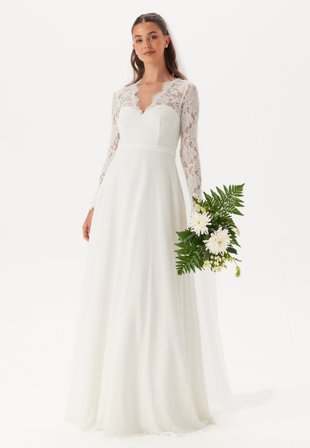 Bubbleroom Occasion - Scallop V-Neck Lace Gown - White