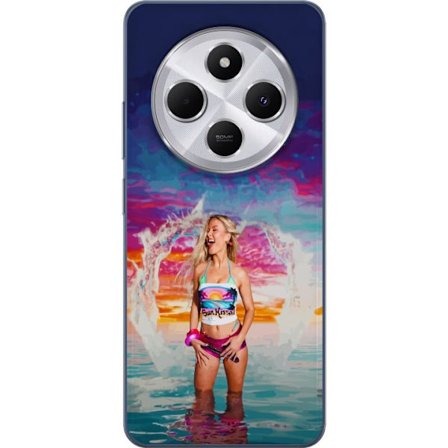 Kompatibel Mobilcover til Xiaomi Redmi 14C Blond kvinde i farverigt strandtøj, der leger i havet ved solnedgang