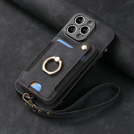 Etui til iPhone mobiltelefon i læder med RFID-anti-tyveri børste ring spænde snor multifunktion kort holder Black [With Leather Lanyard]] iPhone 16