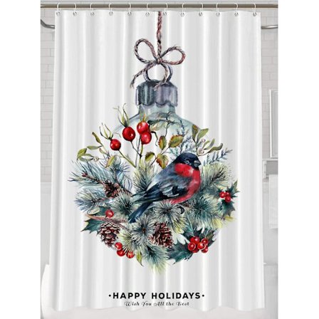 Valkoinen vintage-joulukranssi kylpyhuoneen suihkuverho, taiteellinen joulukuula kylpyhuoneen sisustus polyesterikuitu muovirenkaat nopeasti kuivuva 