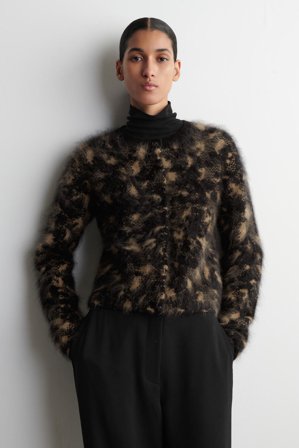 COS Women's Animal-Jacquard Merino Wool Cardigan in Black