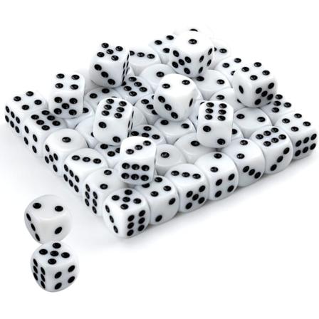50-pack 16MM Vita Tärningar Set Akryl Rundade Sexsidiga D6 Tärningar Kuber med Svarta Pips Prickar för Brädspel, Fester, Kul