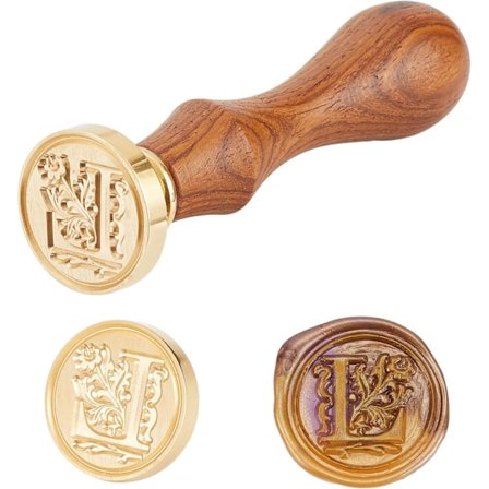 Sats med 1 set DIY bokstavs alfabet album stämpel tätning mässing bokstav tätning stämpel vax stämpel och trähandtag, bokstav L, 25x14mm, 75mm