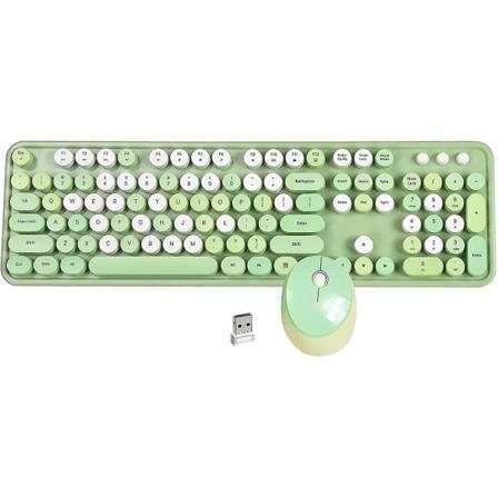 Trådlösa datortangentbord Set, färgade retro runda knappsatser, färgglada Qwerty-skrivmaskiner