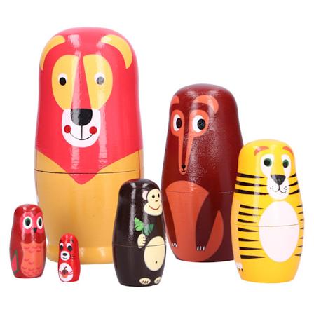 6 stk. Russiske Nesting Dolls Kit Træ Tegneserie Dyr Mønster Ornament Børns Festival Gaver