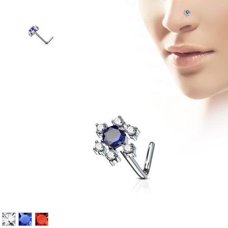 1 L- Näspiercing i 316L Kirurgiskt stål med blomma i CZ 2 Röd/vita