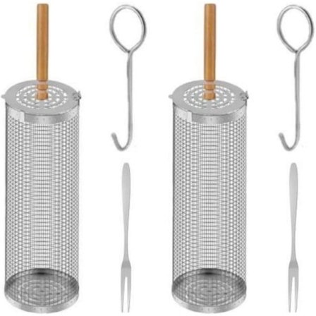 Lollanda Grillkorg 1/2 st Rostfri Grillkorg, Rullbar, Camping, Trädgård, 21/31 cm - Trähandtag