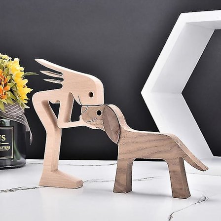 Ornament Hund og Mann Utskåret Treskulptur Dekor Utsøkte Skrivebordsornamenter
