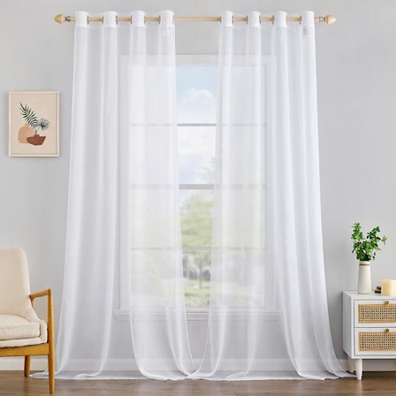 Ekstra Lange Hvide Skæve Gardiner - 106 " Længde (Sæt med 2) - 54 " Brede Øjer, Lysfiltrerende til Soveværelse & Stue