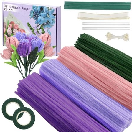 Sett med 400 piperensere, chenilletråd, tulipanblomsterrensere - 4 farger - med 2 ruller floristtape, 20 blomsterstilker