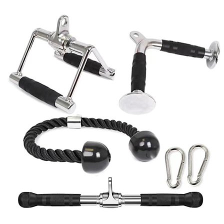 Høytrekk ned sett, dobbel D-radhåndtak, tau, V-stang, dyp knebøy nedtrekk kabel trinse maskin kraftstativ tilbehør, sølv
