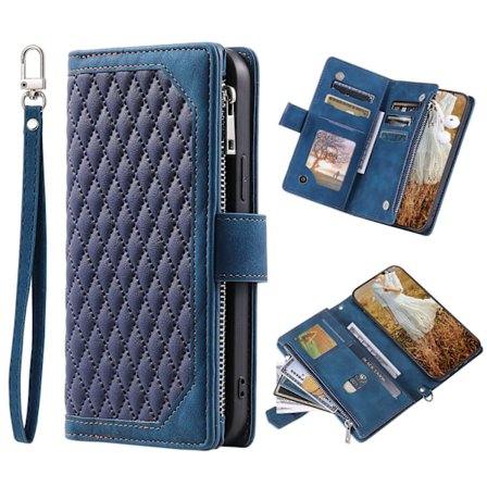 Etui til iPhone 15PRO Mørkeblå (med kort snor) ins glidelås Lommebok med Kortholder