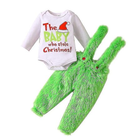 Vauvan poikien joulupuku Söpö pitkähihainen body Vihreä karvainen haalari Grinch-haalari asusetti
