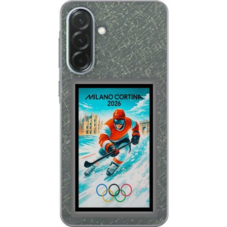 Yhteensopiva Puhelinkuori Samsung Galaxy A36 Curlingkuvitus pelaajilla ja kivillä jäällä, Milano Cortina 2026, lumisia roiskeita ja olympiasormukset