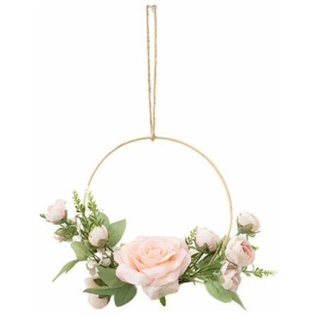 AIDUCHO Guld Blomsterkranse Vægophæng Kunstig Blomst Rund Ramme Pink Rose Guirlande (Pink)
