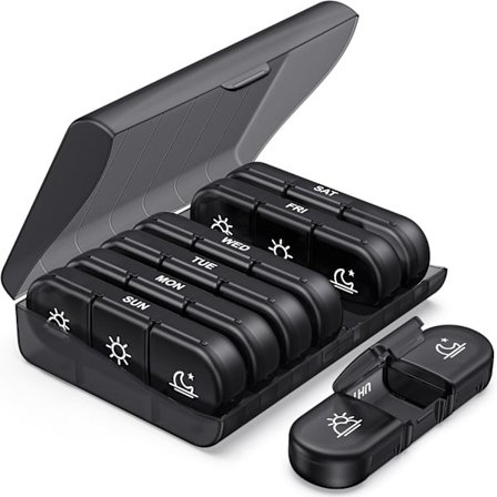Ukentlig pilleboks 3 ganger om dagen, bærbar reise-pilleboks 7 dager med store pillebeholdere, lystett pilleboks for vitaminer, medisiner, 